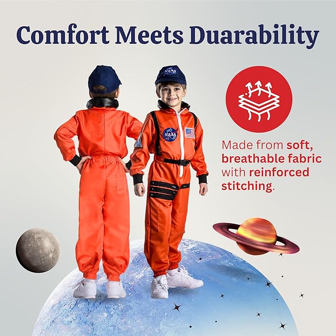Dress Up America Kids NASA Astronaut Costume – Orange Space Suit with Cap – Realistic Halloween & Dress-Up Outfit