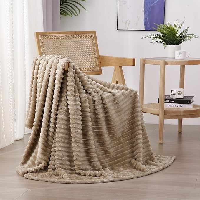 Tan Fleece Throw Blanket 50”×60” for Couch Sofa Livingroom | Super Soft Cozy Plush Microfiber Flannel Bed Blanket Striped Design Lightweight Home Decor Gifts for Adults Mom Women