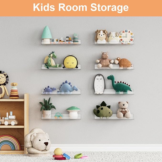 upsimples 8 Pcs 15" Acrylic Shelves for Wall Display and Storage, Clear | Transparent Design Highlights Skincare, Perfume, Easy-to-Find Versatile Floating Shelves for Bathroom, Bedroom and Playroom