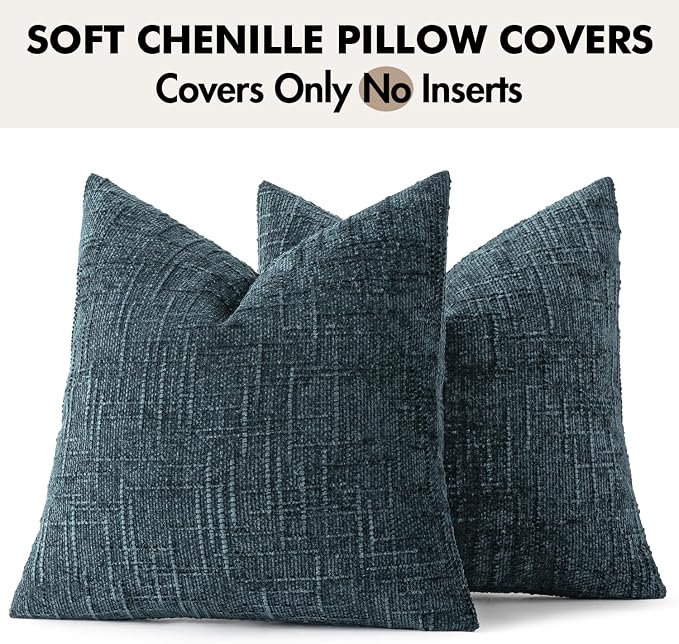 MIULEE Chenille Textured Throw Pillow Covers Blue 20x20 Set of 2 | Slubby Decorative Pillows, Boho Farmhouse Coastal Decor, Modern Neutral Cushion Covers for Couch Sofa Bed Living Room