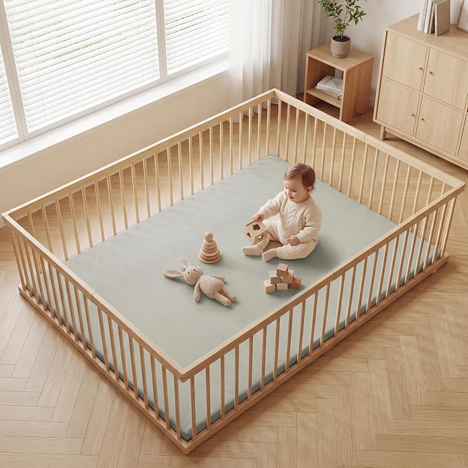 Huloo Sleep Baby Play Mat 65x50 Inches, 1.3" Thick Padded Waterproof Floor Cushion & Playpen Mat with Vegan Leather, Non-Slip & Non-Toxic Nursery Rug for Infants, Toddlers & Kids(Grey)