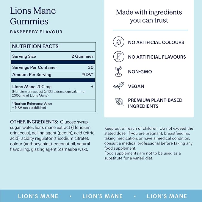 TRIP Lion’s Mane Gummies with 2000mg Lion’s Mane Mushrooms Extract Per Serving, Vegan, Naturally Flavored On the Go Chewable Gummy, Delicious Raspberry Flavor, 1 Bag, 60 Count