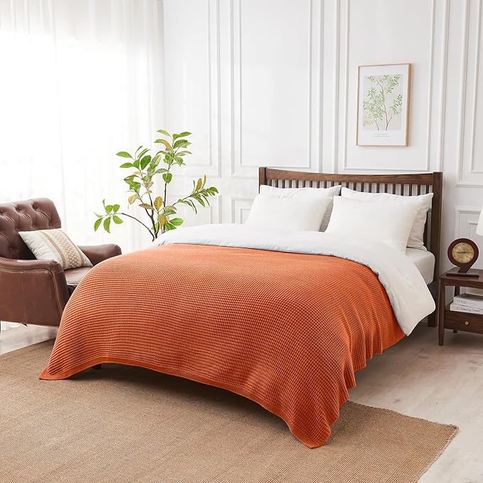 Douceur Rust Orange Throw Blanket for Bed, Soft Chunky Cable Knit Throw Blanket, Classic Fisherman's Rib Stitch Pattern Throw for Living Room,50"X60"