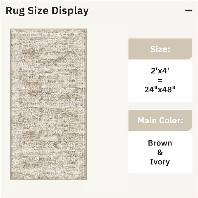 Soalmost 2x4 Washable Rugs for Kitchen, Entryway, Small Area Rug Brown | Non-Slip Vintage Low Pile Throw Door Mat For Bathroom Entry Laundry Powder Room, Stain Resistant Indoor Entrance Floor Carpet