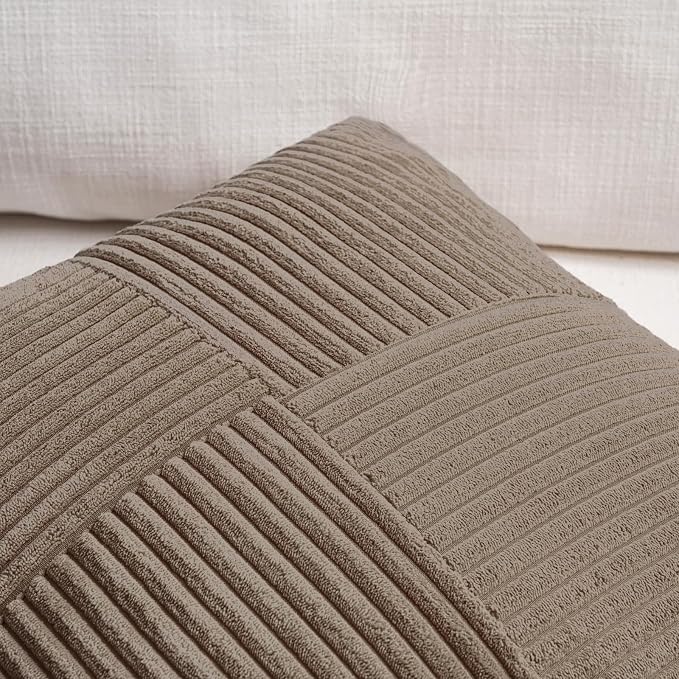Fancy Homi Set of 2, Light Brown Patchwork Corduroy Decorative Soft Striped Modern Accent Cushion Case Farmhouse Boho Neutral Throw Pillow Covers for Chair Couch Bed Sofa Living Room 32x16 Inch
