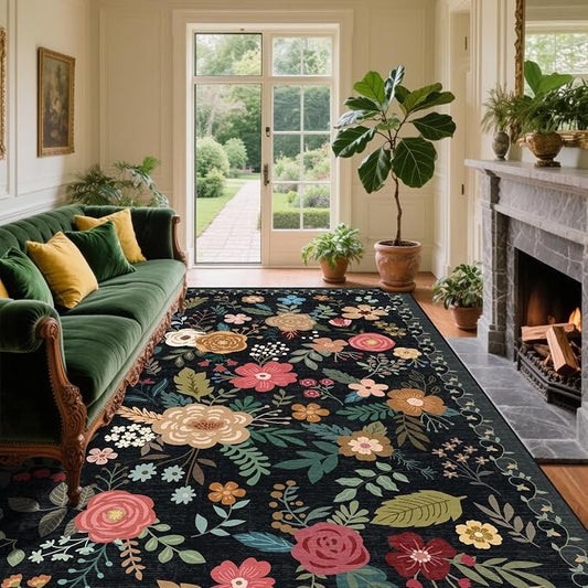 6x9 Area Rug, Floral Rugs for Living Room, Stain-Resistant Washable Bedroom Rug, Non-Slip Area Rugs for Dining Room Under Table, Indoor Carpet for Home Office (6 x 9 Black)
