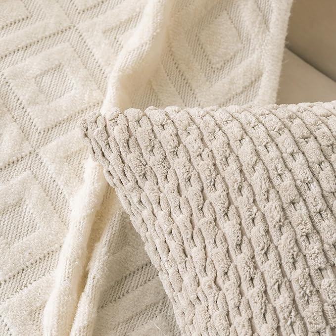 Set of 4 Navy White Taupe Decorative Throw Pillow Covers 20x20 Inch Corduroy Pillow Covers for Bed Couch Sofa Living Room Soft Square Cushion Cases