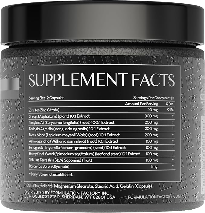 Formulation Factory Self Obsessed 10-in-1 Natural Testosterone Booster for Men, Testosterone Supplement for Men with Shilajit, Tongkat Ali, Fadogia Agrestis, 180 Capsules, 3 Month Supply
