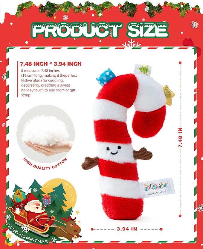 Jollybaby My Baby First Christmas Toys Candy Cane Squeaker for 0-6-12-18 Months, Car Seat Stroller Crib Toy, Christmas Stocking/Socks Stuffers Gifts for Tummy Time Infants/Newborns Boy and Girl