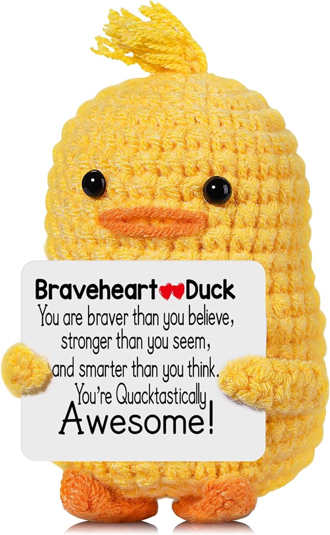 RoomyRoc Inspirational Crochet Duck, Positive Affirmation Duck Toy for Anxiety & Stress Relief, Handmade Mental Health Gifts for Women Men, Cute Home Office Desk Decor for Adults Teens
