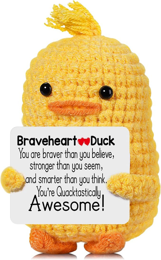 RoomyRoc Inspirational Crochet Duck, Positive Affirmation Duck Toy for Anxiety & Stress Relief, Handmade Mental Health Gifts for Women Men, Cute Home Office Desk Decor for Adults Teens