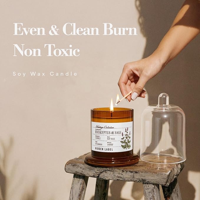 Hidden Label Eucalyptus & Sage Candle, 10oz Soy Bell Jar, 55H Aromatherapy | 60 Hours Burn | Mountain Fresh Essential Oils | Non Toxic Plant Wax | Clear Glass Dome Home Decor | Focus & Wellness Gift