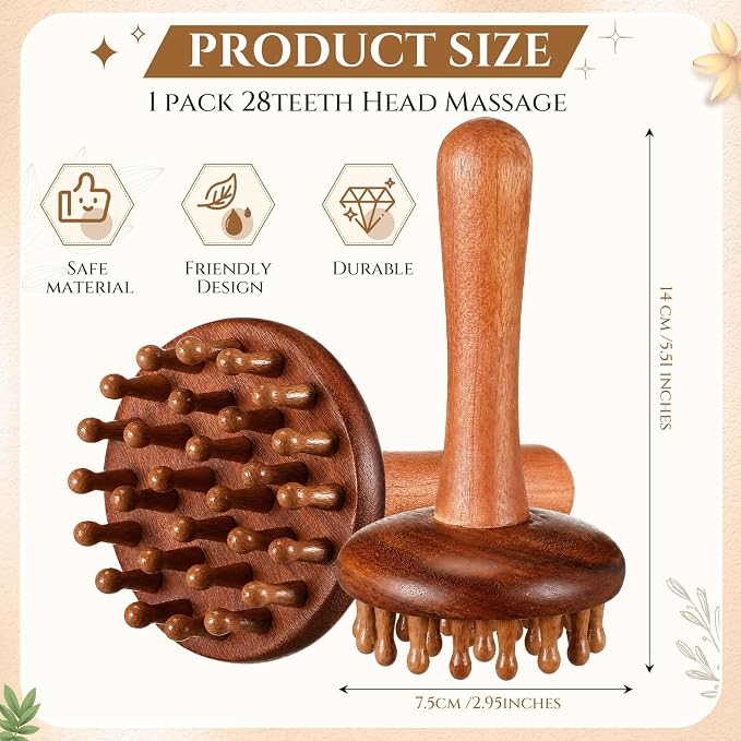 28teeth Rosewood Meridian Massage Brush for Body and Scalp, Wooden Body Massage Brush with Handle, Handheld Abdomen Massager, Spa Relaxing Gua Sha Tool for Cellulite Remover, Relaxation