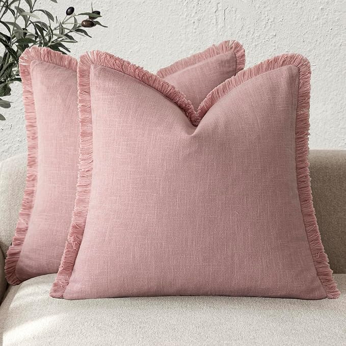 Foindtower Set of 2 Decorative Linen Fringe Throw Pillow Covers Cozy Boho Farmhouse Cushion Cover with Tassels Soft Accent Pillowcase for Couch Sofa Bed Living Room Home Decor,24×24 Inch,Rose Pink