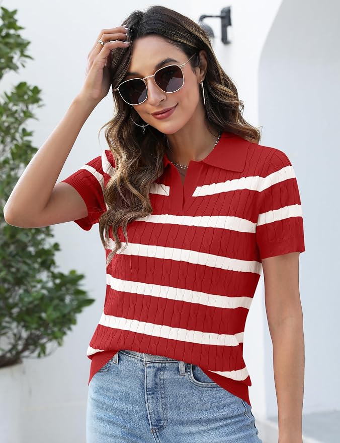 Micoson Womens Short Sleeve Sweater Tops Lapel V Neck Polo Shirts 2026 | Summer Cable Knit Loose Blouses, Business Casual Outfits