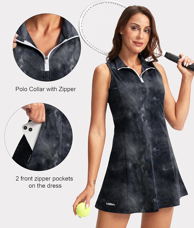 Viodia Women's Tennis Golf Dress with Shorts | Active, Exercise, Workout, Sports, Athletic, Dresses for Women, with Zipper Pockets