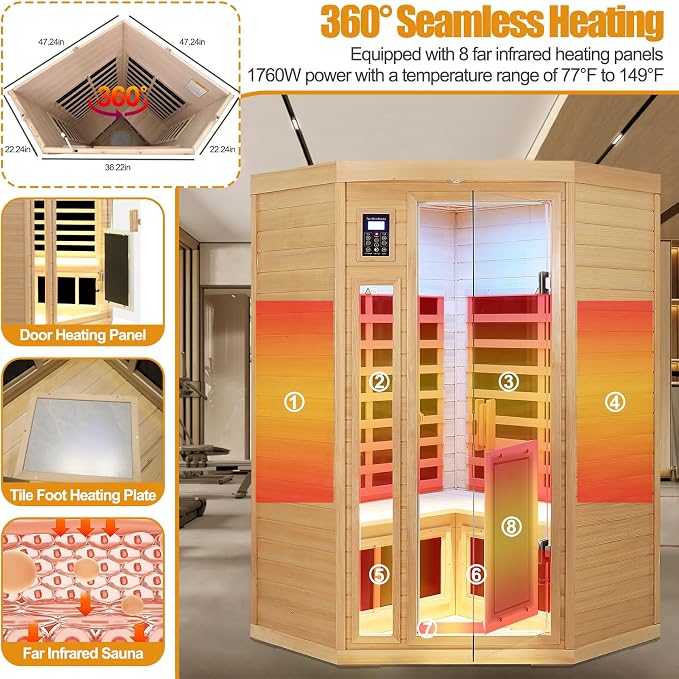 2 Person Infrared Sauna 0-5mG Ultra Low EMF Infrared Sauna Far Infrared Sauna Canadian Hemlock Indoor Corner Sauna with Front Door Heating Panel, Chromotherapy Light