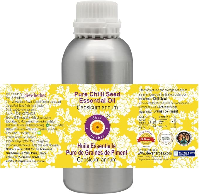 Deve Herbes Pure Chilli Seed Essential Oil (Capsicum annum) Steam Distilled 300ml (10 oz)