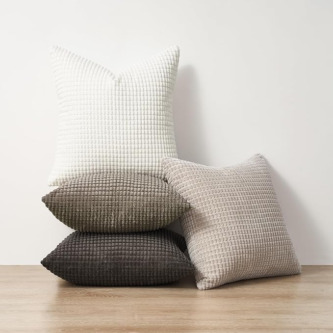 Topfinel Fall Pillow Covers Set of 4,Soft Corduroy Boho Strip Textured Neutral Grey Pillow Covers,Modern Farmhouse Cute Autumn Home Decor Gray Living Room Sofa Couch Bed 40x40 cm
