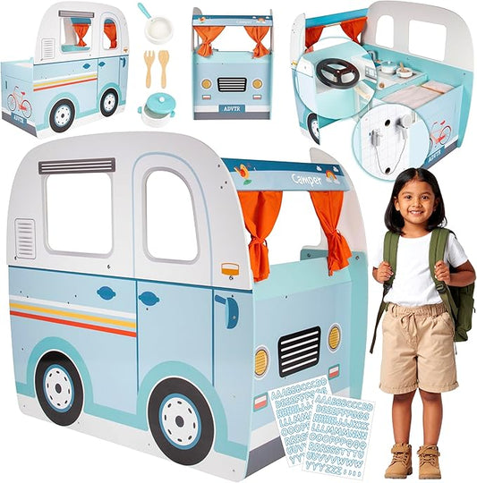 Wooden Play Camper Van Toy Playset w Steering Wheel, Kitchen, Stove, Oven, Bed, Pillow, Pretend Shower, Curtains, Personalization Stickers- Indoor Retro Car Camping, Travel RV Adventure- Ages 3+ Gift