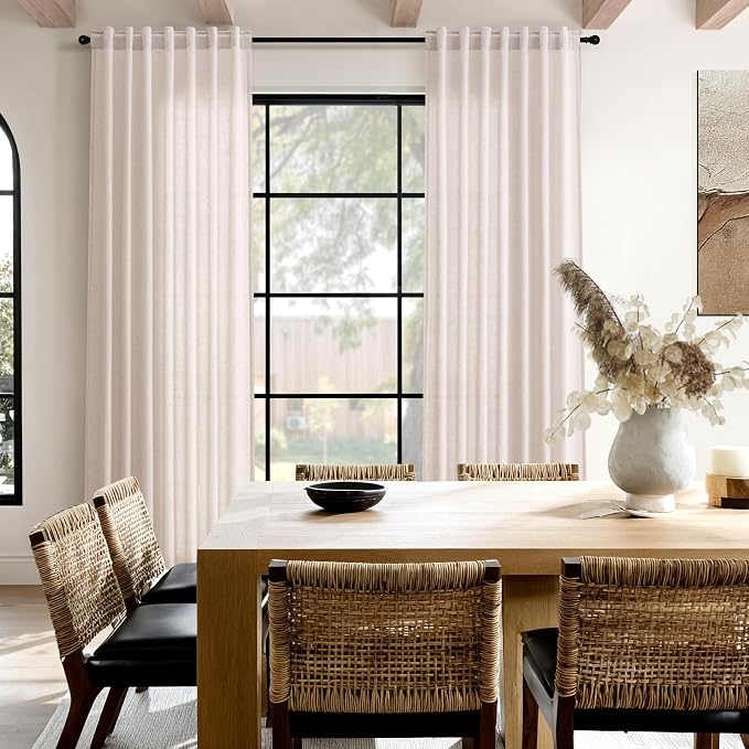 Nanspring Natural White Linen Curtains 96 Inches Long for Living Room Light Filtering Neutral Farmhouse Decor Curtains Back Tab and Rod Pocket Privacy Sheer Curtain for Bedroom 52x96, 2 Panels