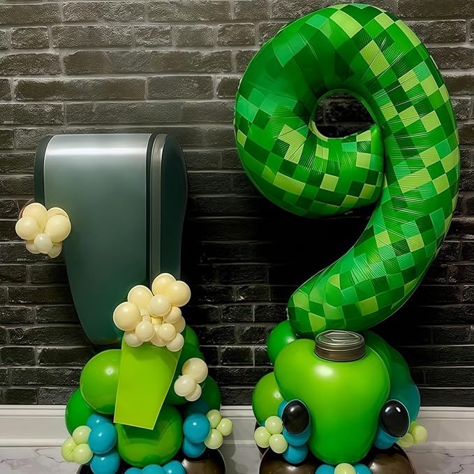 Number 2 Balloons 40 Inch, Gaint Cartoon Lime Green Pixel 2 Balloon Number for Boys 2nd Birthday Decorations, Dark Kelly Green Foil 2 Balloon for Kids Two Year Old Birthday Video Game Golf Party Decor