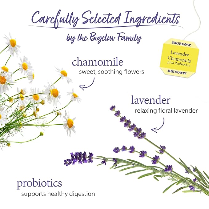 Bigelow Tea Lavender Chamomile Plus Probiotics Herbal Tea, Caffeine Free with Lavender Chamomile, 18 Count (Pack of 12)
