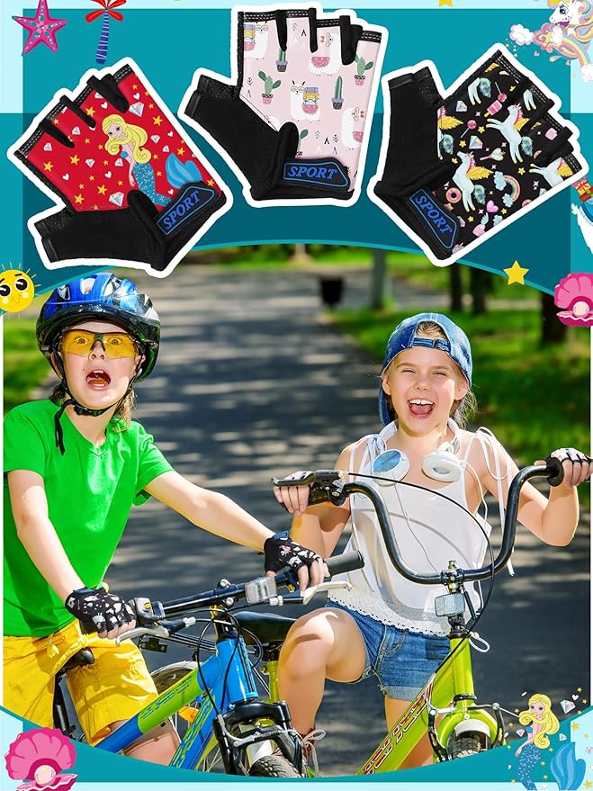 Boao 3 Pairs Kids Half Finger Bike Gloves Non-Slip Breathable Adjustable Birthday Gift for Boys Girls for Bike Workout