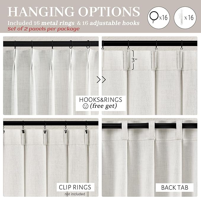 Beige White Thick Natural Linen Light Filtering 104 Inch Extra Long Curtains Panels of 2 for Office, Memory Shape Pinch Pleated Sheer Luxury Viral Curtain Protect Privacy Room Divider Windows Drapes