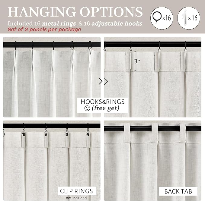Extra Long 112 Inch Beige White Light Filtering High Ceiling Curtains for Dining Room 2 Panel Set, Memory Trained Pleated Thick Flax Linen Semi Sheer Large Window Drapes Protect Privacy Rustic Curtain