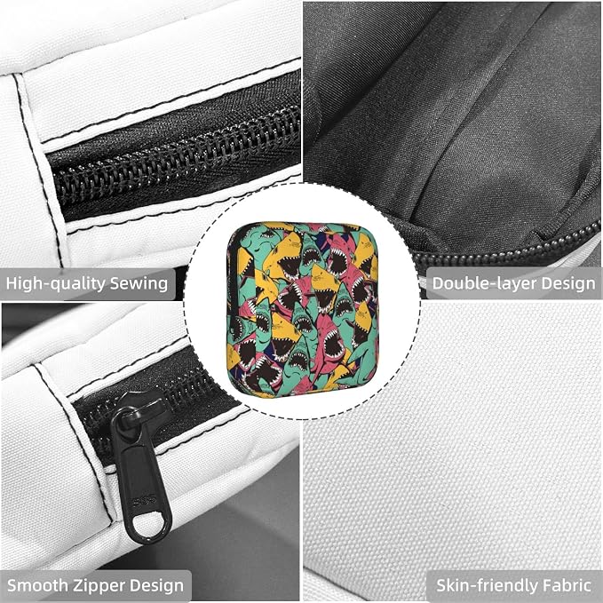 Cartoon Angry Shark Biting Period Bag For Women,Portable Sanitary Napkin Period Pad Pouch For Purse, Small Make Up Bags