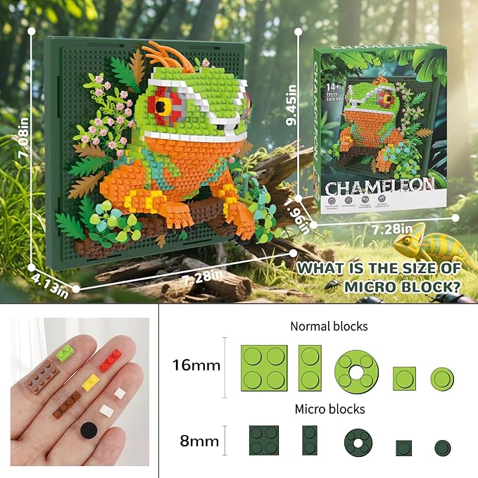 Chameleon Animal 3D Wall Art Micro Mini Building Blocks Set, Unique Home Wall Decor or Table Display, No Compatible with Lego Set, Ideal Gift Toy for Adults Boys Girls (1376 PCS)