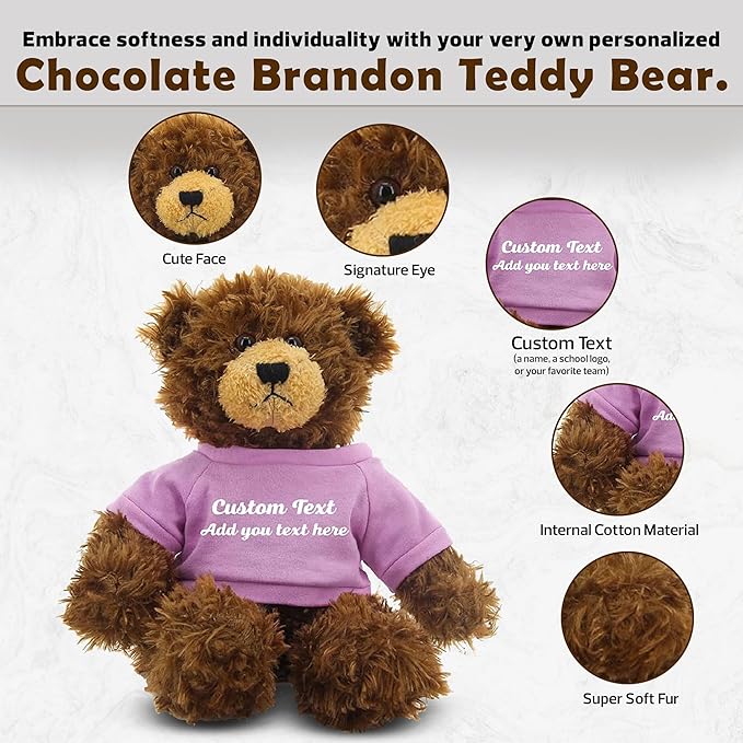Customized Chocolate Brandon Bear - 12 inch Personalized Stuffed Bear Plush Toy - Perfect Custom Shirt Bear Gift for Graduation Valentines Graduation Easter Holidays (Pink Shirt)