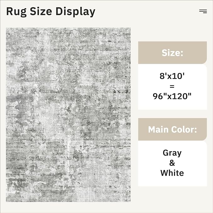 Soalmost Abstract Rug 8x10 Large Living Room Area Rugs Washable Gray/White | Modern Non-Slip Carpet for Dining Bedroom, Stain Resistant Foldable Thin Low Pile Floor Mat Under Table Home Office Decor