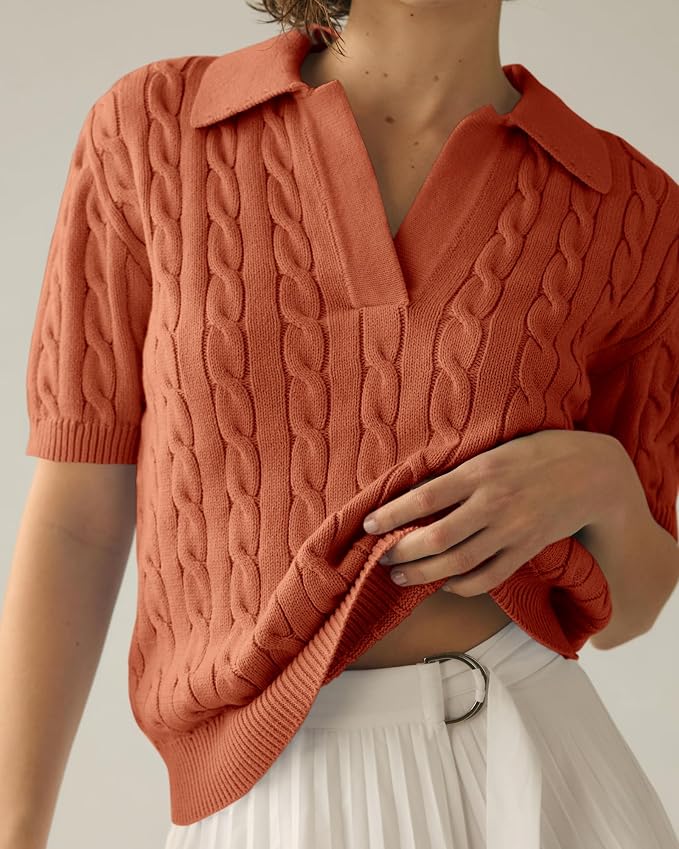 Imily Bela Womens Cable Short Sleeve Sweaters Tops Lapel V Neck Knit Shirt | Solid,Knit Casual,Soft Pullover,Fall Sweaters,Womens Summer Work Tops