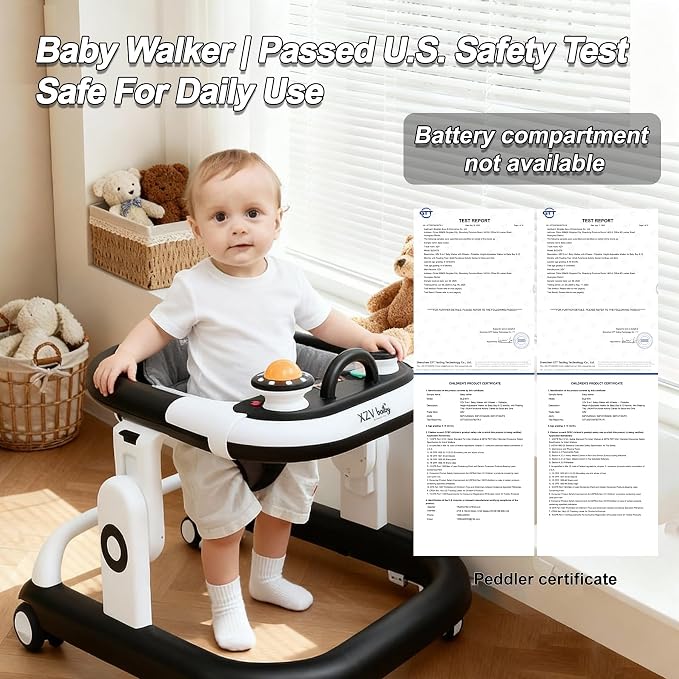 5-in-1 Baby Walker with Wheels Foldable Height-Adjustable Walker for Baby Boy 6-12 Months with Feeding Tray Multi-Functional Activity Center Battery-Free Function (Black)