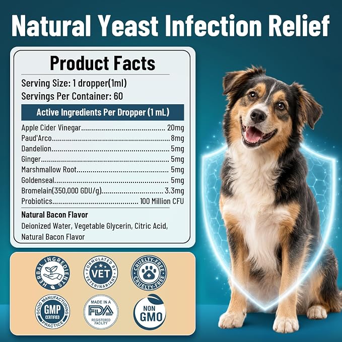 VICSOM Natural Dog Yeast Infection Treatment for Dogs, Itchy Skin & Ear Treatment Natural Support Allergy Relief, Dog Yeast Infection Relief, Support Irritation, Itching & Inflammation 60ml