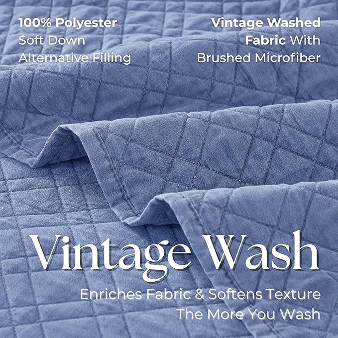DOWN HOME Queen Quilt Set with Shams Lightweight Quilted Bedspread Coverlet Thin Comforter Bed Cover Vintage Washed Quilted Blanket for All Season, Brushed Microfiber Diamond Stitching, Blue, 88"x92"