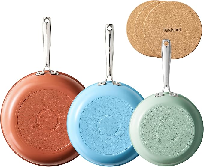 Redchef Colorful Ceramic Nonstick Frying Pan Set, Ceramic Pan Skillet, Non Toxic Pans for Cooking, Induction Compatible with Stainless Steel Handles & 3 Cork Pads, PFAS & PTFE & PFOA Free（8+9.5+11"）