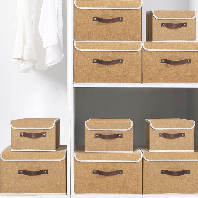 ANMINY Fabric Storage Box Bins with Lids, Khaki, 13"x9"x7.9" | Keepsake Memory Storage, Cotton Linen, PP Board Reinforced, Washable, PU Handles, Foldable & Stackable, Decorative, Medium