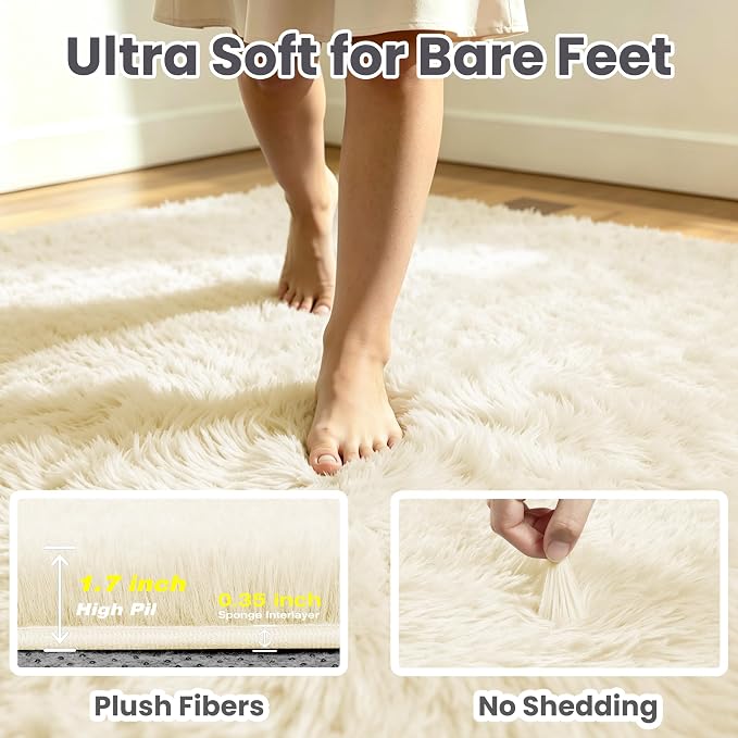 6x9 Area Rug for Living Room, Ultra Soft Fluffy Cream White Rugs for Bedroom, Non Slip Large Shag Carpet, Fuzzy Plush Nursery Rug, Thick Washable Indoor Floor Carpets for Kids Office Dorm Home Decor