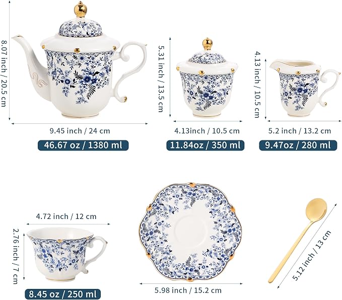 TATSUMI Country Roses Porcelain Tea Set, European Ceramic tea set for adults,Vintage Style, For Women and Tea Parties (BLUE, 21 Pieces Set)