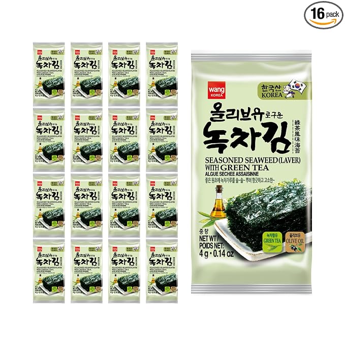 Wang Olive Oil Roasted Seaweed Snack with Green Tea | Gluten-free, Keto-friendly, Vegan, Healthy Snack 0.14 Ounce, Pack of 16