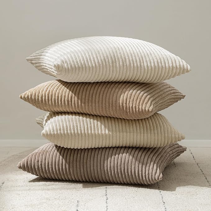 MIULEE Decorative Corduroy Throw Pillow Covers Set of 2 12x12 Cream White | Soft Striped Textured Cushion Cases, Boho Square Pillowcases Neutral Home Decor, for Couch Chair Sofa Bed Living Room