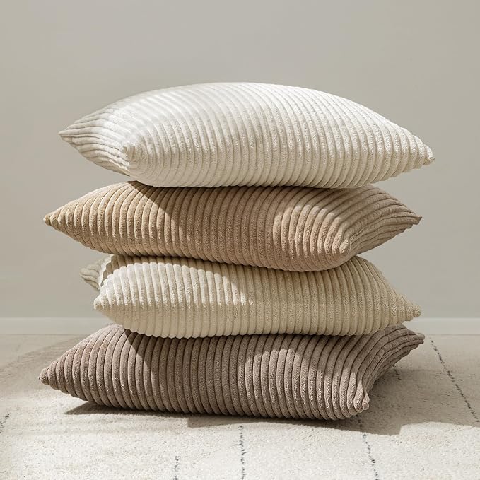 MIULEE Decorative Corduroy Throw Pillow Covers Set of 2 14x14 Cream White | Soft Striped Textured Cushion Cases, Boho Square Pillowcases Neutral Home Decor, for Couch Chair Sofa Bed Living Room