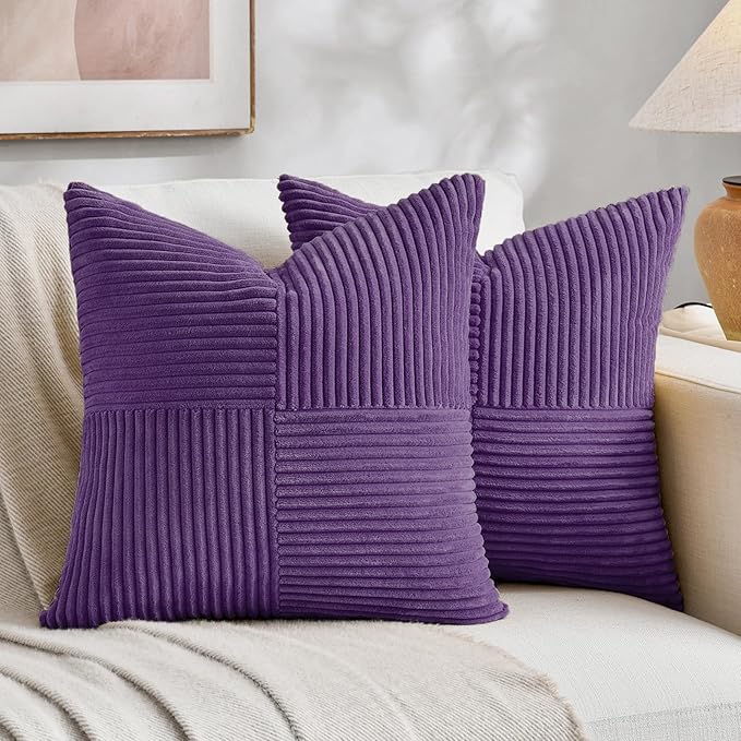 Fancy Homi 2 Packs Purple Decorative Throw Pillow Covers 16x16 Inch for Living Room Couch Bed, Farmhouse Boho Home Decor, Soft Corss Patchwork Corduroy Textured Square Cushion Case 40x40 cm