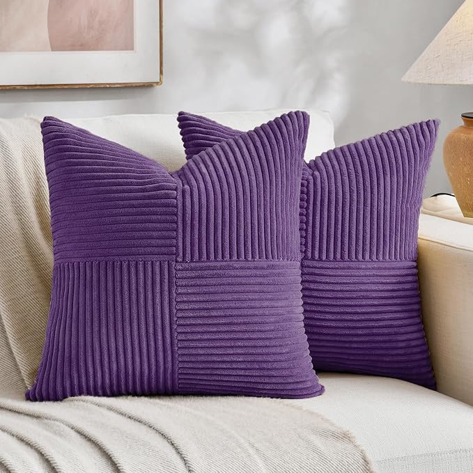 Fancy Homi Set of 2, Purple Patchwork Corduroy Decorative Soft Striped Modern Accent Cushion Case Farmhouse Boho Neutral Throw Pillow Covers for Chair Couch Bed Sofa Living Room 28x28 Inch