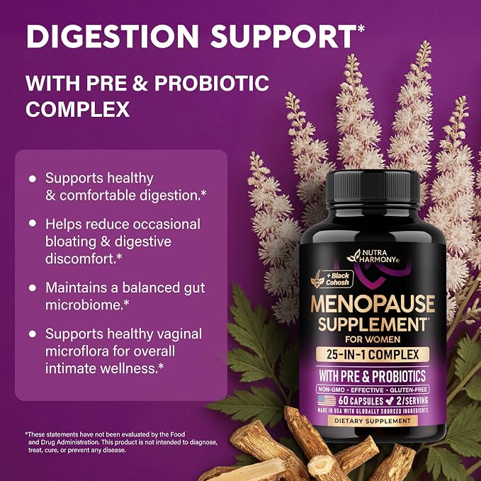 Menopause Supplements for Women - Dong Quai, Black Cohosh, Pre & Probiotics - Sweats & Hot Flashes Relief - Digestion, Sleep & Mood Support - 25-in-1 Perimenopause Complex - Lab Tested - 60 Capsules