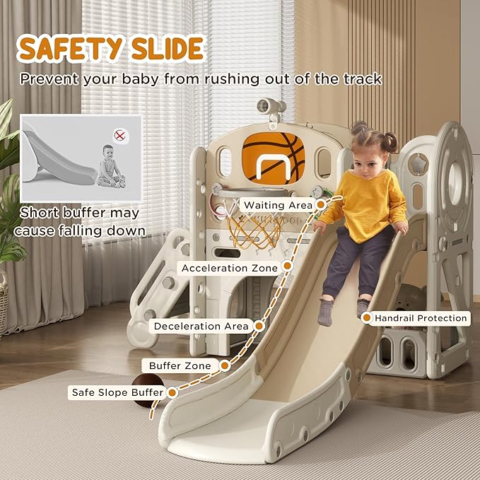 Qaba 7-in-1 Toddler Slide Playset, Kids Slide for Ages 1-6 Years with Ring Toss, Basketball Hoop, Telescope, Indoor Playground with Climber, Storage Space, Crawl Tunnel, Cream White