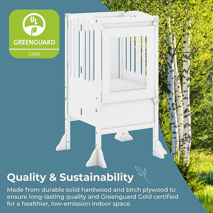 Guidecraft Kitchen Helper® Toddler Tower Step Stool - Contemporary - White: Folding Adjustable Height Montessori Wooden Learning Furniture with Keepers